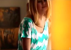 Cute blonde teen masturbates while on the phone with her man