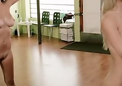 Blondie teaches two babes yoga exercise