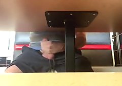 Cum under the table in cafe